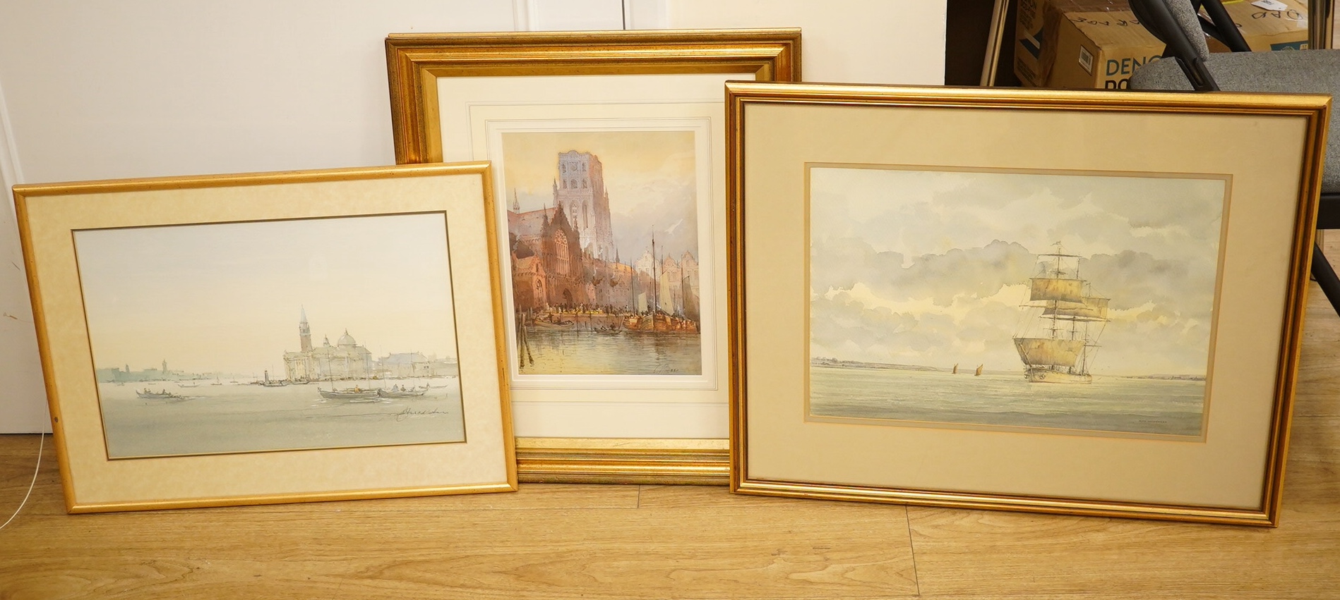 Three watercolours to include Alan Middleton, 'San Giorgio Maggiore, Venice' and another by a different hand, 'On the return of the Barque', largest 33 x 46cm. Condition - good